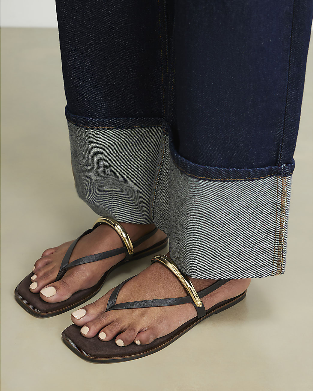 Brown Leather Toe Thong Bangle Flat Sandals | River Island UK & IE