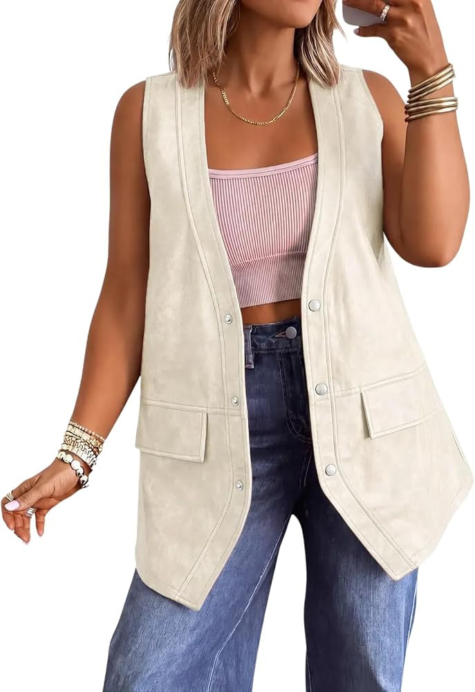 Tankaneo Womens Oversized Faux Leather Long Vest V Neck Sleeveless Jacket | Amazon (US)