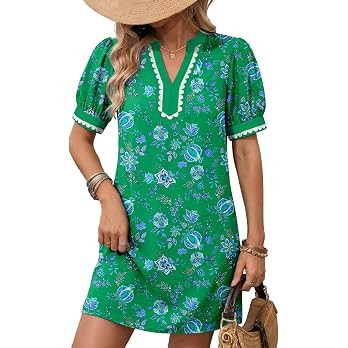 Dokotoo Summer Dresses for Women 2026 Boho Floral Puff Short Sleeve V Neck Trim Casual Mini Dress... | Amazon (US)