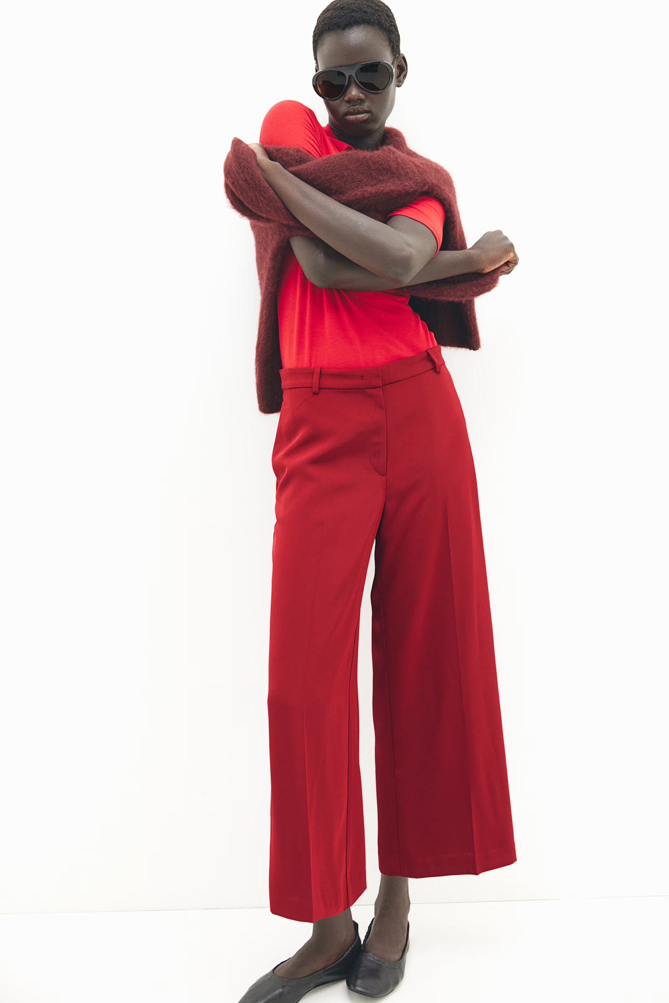 Wide-leg Twill Pants - Dark red - Ladies | H&M US | H&M (US + CA)