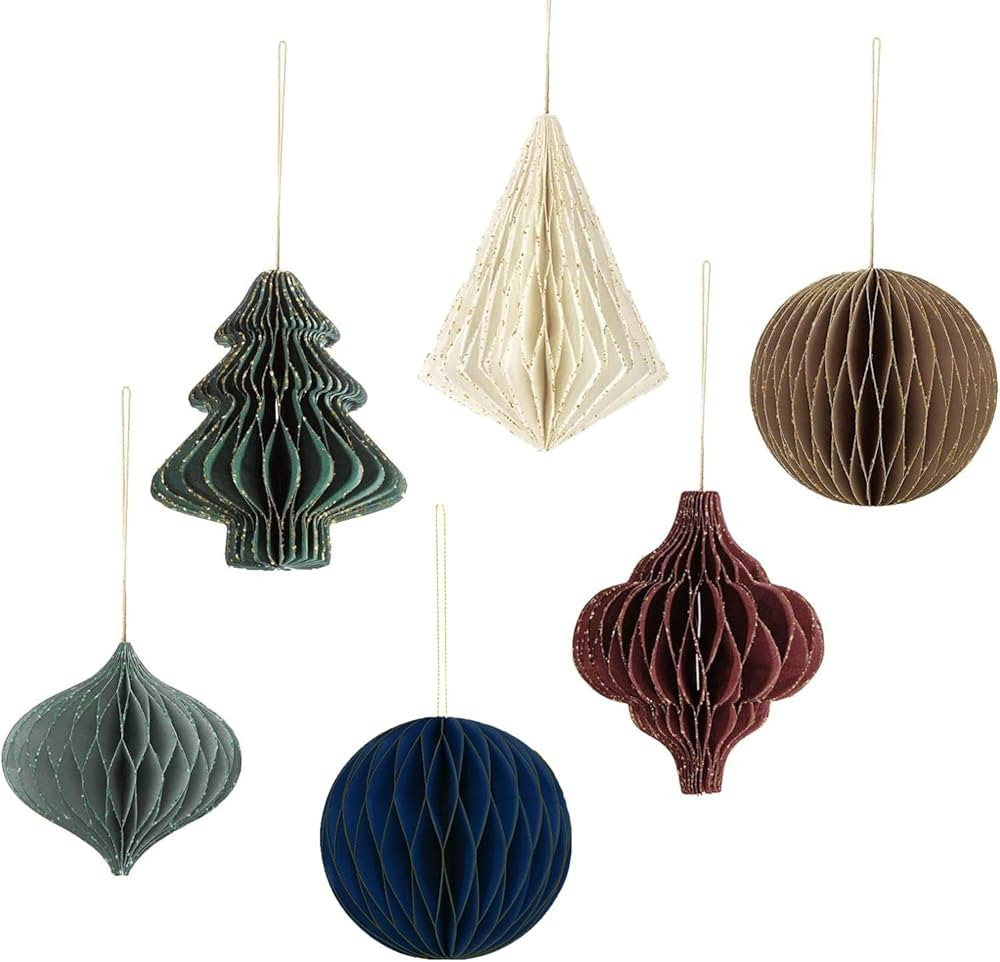 Christmas Decorations, 6 PCS Glitter Edge Paper Honeycomb Ornaments, Green Red Brown Mini Hanging... | Amazon (US)