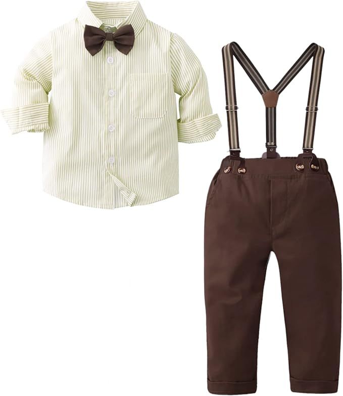 SANGTREE Baby Boys Clothes, Dress Shirt with Bowtie + Suspender Pants, 3 Months - 14 Years | Amazon (US)
