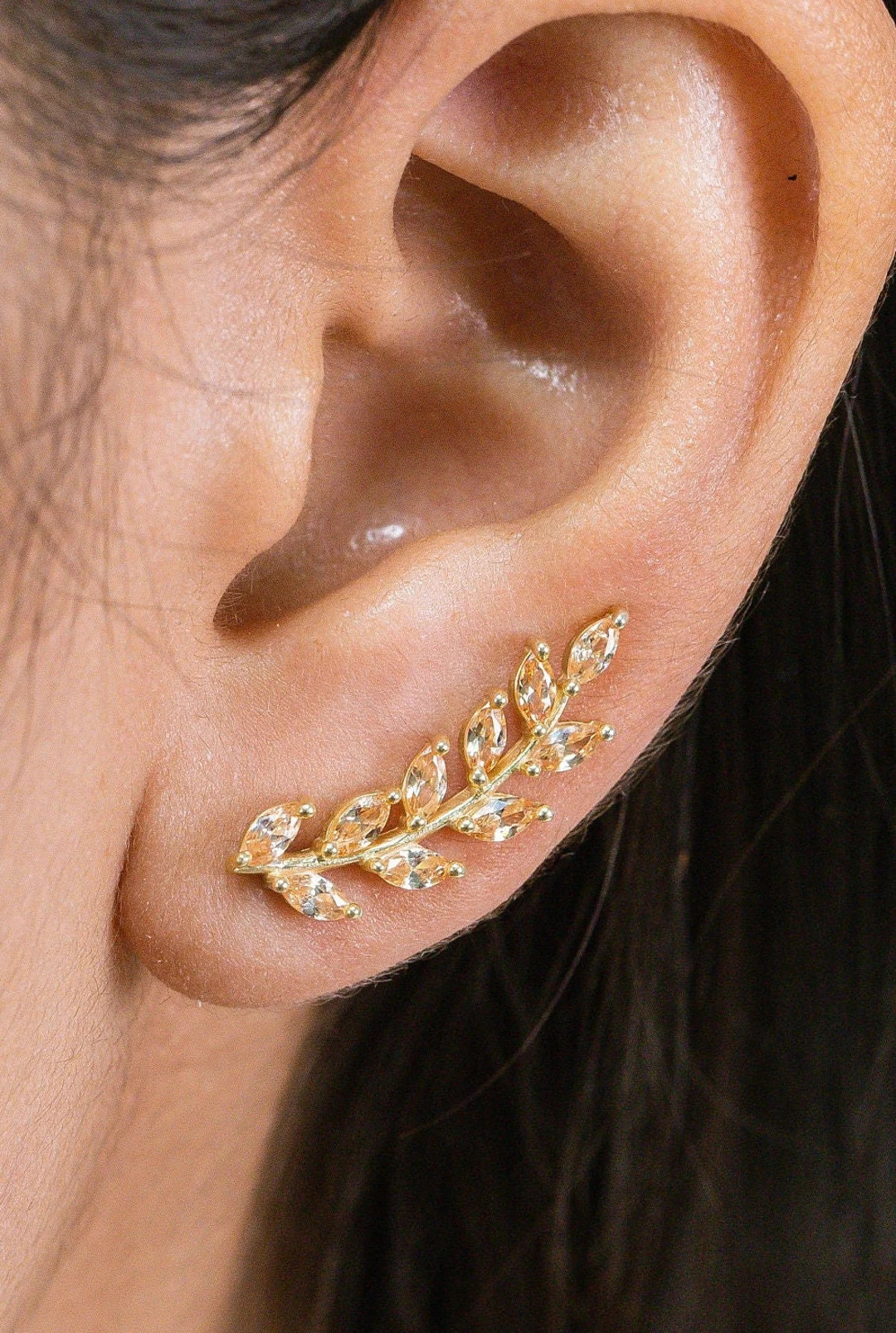 Citrine Marquise Cut Earring Climber, 14K Solid Gold Ear Crawlers Earrings, November Birthstone E... | Etsy (US)