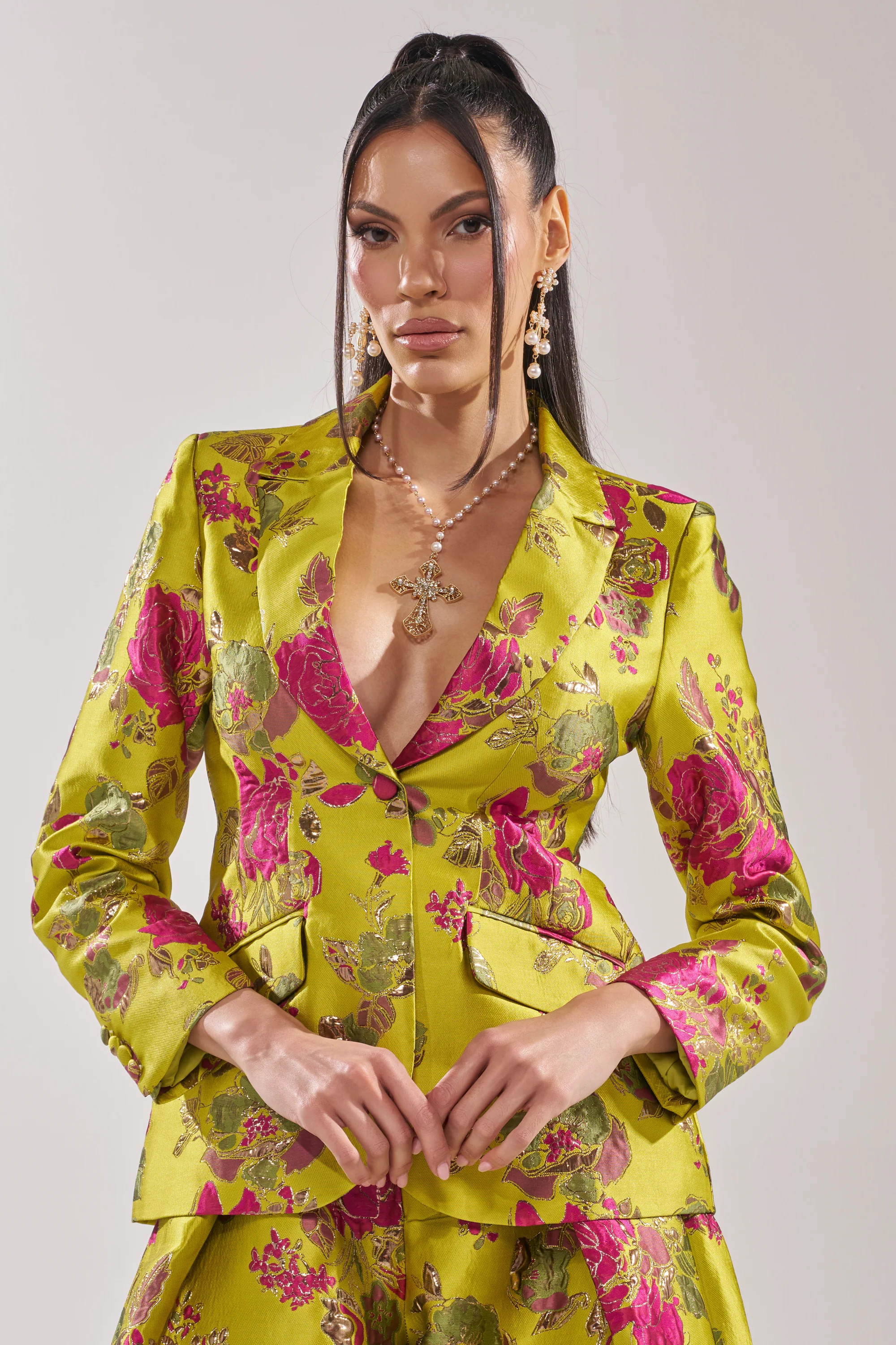 BUY MYSELF FLOWERS BROCADE BLAZER IN LIME | AKIRA