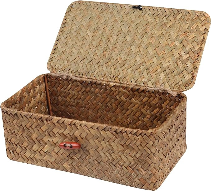 Wicker Shelf Baskets with Lid,Handwoven Seagrass Basket for Storage Basket Bins Rectangular Home ... | Amazon (US)