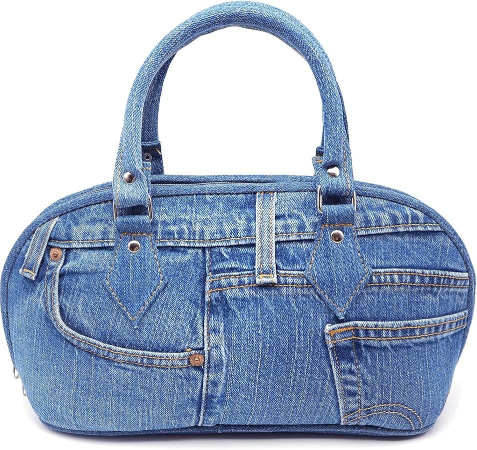 Upcycling Blue Denim Trim Curved Shape Satchel Top Handle Handbag Purse (denim) | Amazon (US)