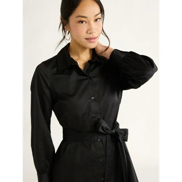 Free Assembly Women’s Belted Cotton Mini Dress with Long Sleeves, Sizes XS-XXL | Walmart (US)