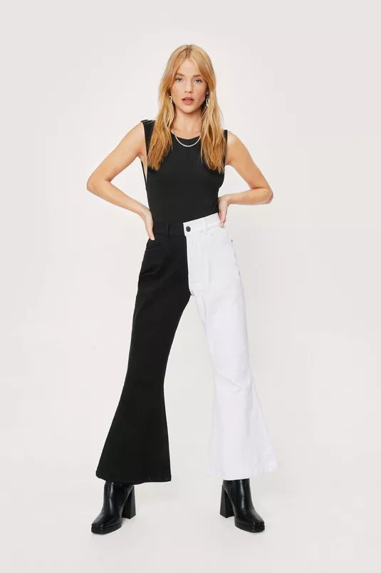 Petite Two Tone High Waisted Flare Jeans | Nasty Gal (US)