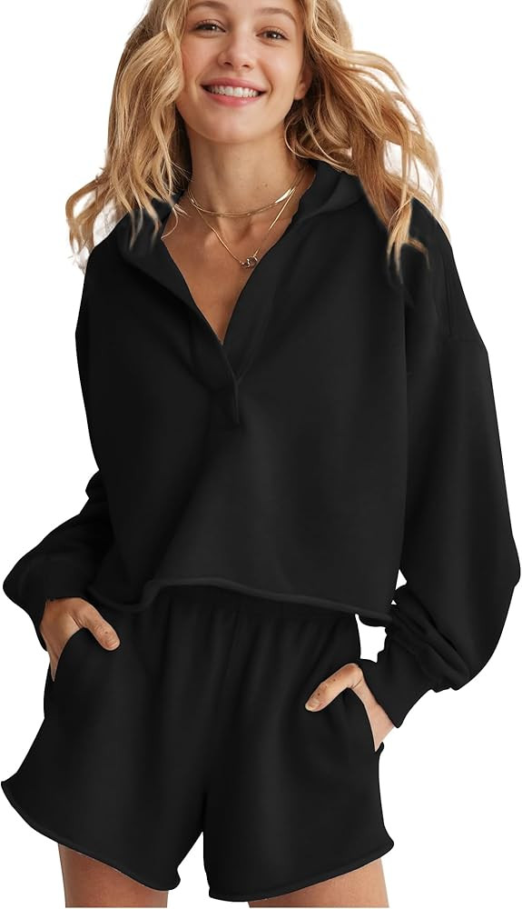 Women 2 Piece Outfits Long Sleeve Hooded Pullover Sweatshirt Elastic Waist Shorts Lounge Tracksui... | Amazon (US)