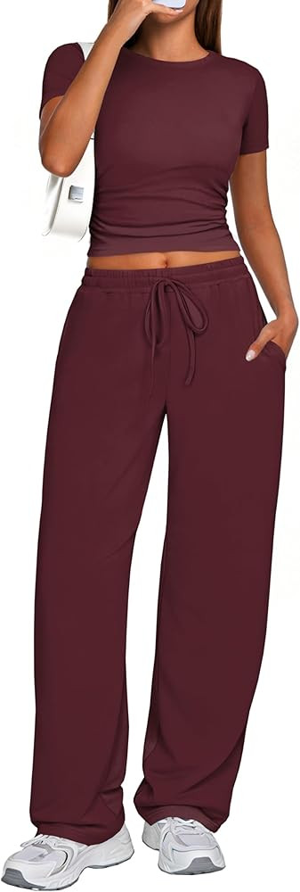 2 Piece Matching Summer Sweatsuit Lounge Set Womens Wide Leg Pants Side Ruching Crop Top Sets | Amazon (US)