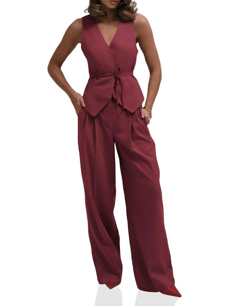 Cicy Bell Womens 2 Piece Outfits V Neck Tie Waist Blazer Vest and Wide Leg Business Casual Suit P... | Amazon (US)