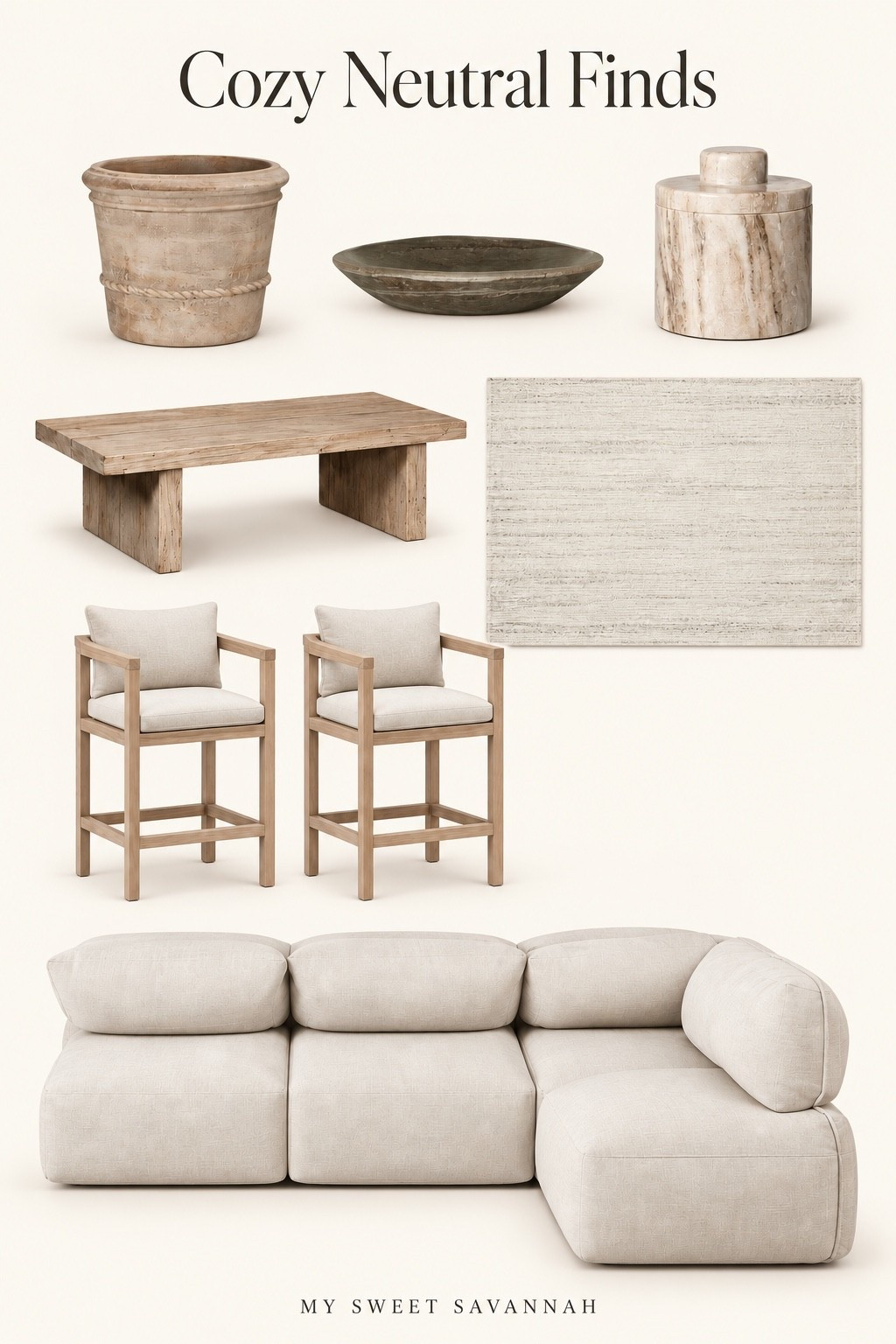 Cozy Neutral Home Finds | Modern Organic Style

Warm wood, creamy upholstery, and marble accents for a cozy, collected home. I love how these pieces mix natural textures with a little black contrast. Shop the sectional, rustic coffee table, neutral rug, and decor to bring the look home.

#LTKHome #LTKSaleAlert #LTKSeasonal
