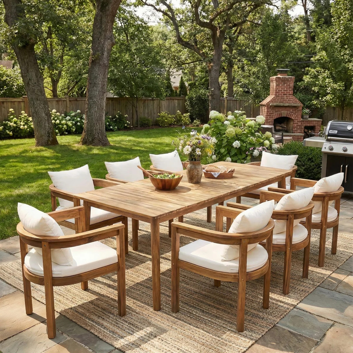 Cedar  9-Piece Outdoor Modern Rustic Acacia Wood Dining Set with Cushioned Chairs and 79" Rectang... | Wayfair North America