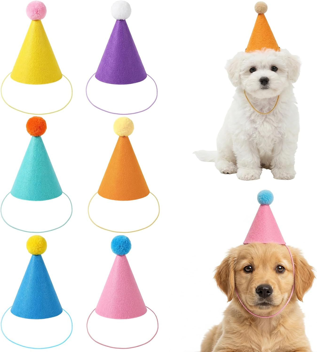 6 Pcs Mini Party Hats for Stuffed Animals, Colorful Felt Cone Birthday Hats with Pom Poms Small Birthday Party Decorations for Small Cat Dog Rabbit Stuffed Animals | Amazon (US)