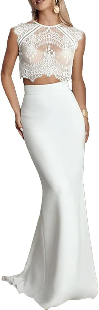 Two Piece Wedding Dress Fashion Illusion Neck Brush Train Bridal Gown with Appliques, 2024 | Amazon (US)