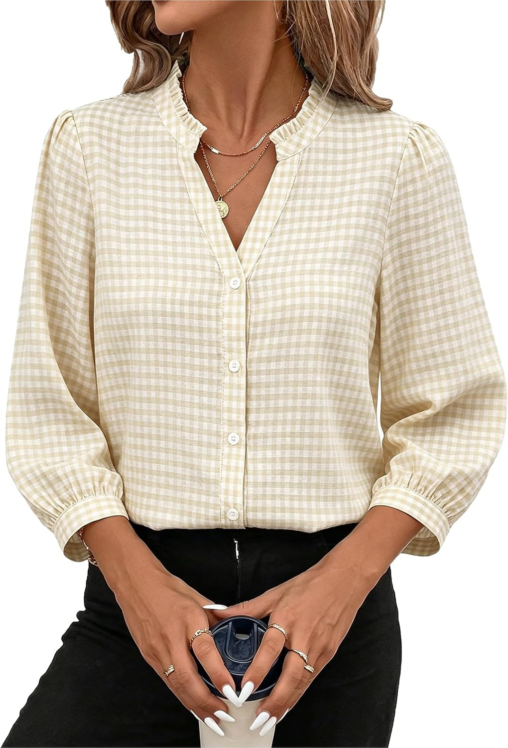 SimpleFun Womens Button Down Shirt 3/4 Sleeve Ruffle V Neck Striped Blouses | Amazon (US)