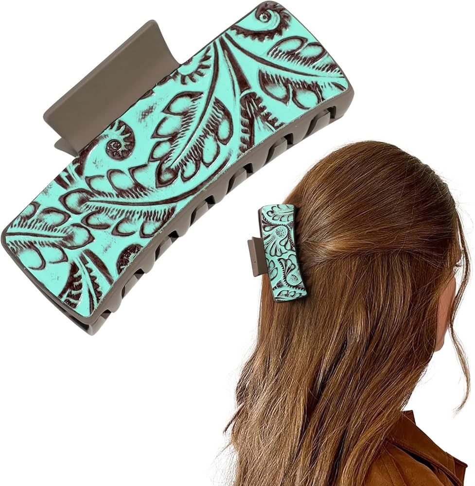 DEEKA Large Western Hair Clips Real Leather Brown and Turquoise Embossed Tooled 4" Hair Claw Clip... | Amazon (US)