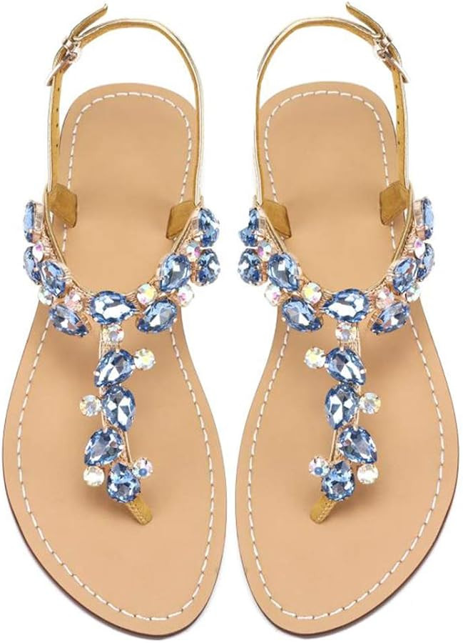 AIJIVOU Women's Rhinestone Flat Sandals, Women Flip Flops with Clip Toe RingBeadeed Rhinestone Cr... | Amazon (US)