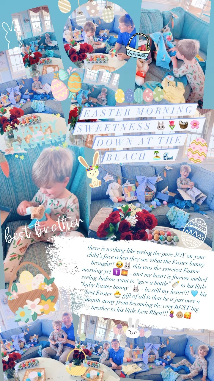 Easter morning sweetness 🐰🌷🧺🌸 down at the beach 🏝️🌊 

there is nothing like seeing the pure JOY on your child’s face when they see what the Easter bunny brought!! 🥹🐰 this was the sweetest Easter morning yet ✝️🌅 - and my heart is forever melted seeing Judson want to “give a bottle” 🍼 to his little “baby Easter bunny” 🐰 - be still my heart!!! 🩵 his best Easter 🐣 gift of all is that he is just over a month away from becoming the very BEST big brother to his little Levi Rhett!!!🤰👶🏼🥰

#LTKfamily #LTKSeasonal #LTKbaby