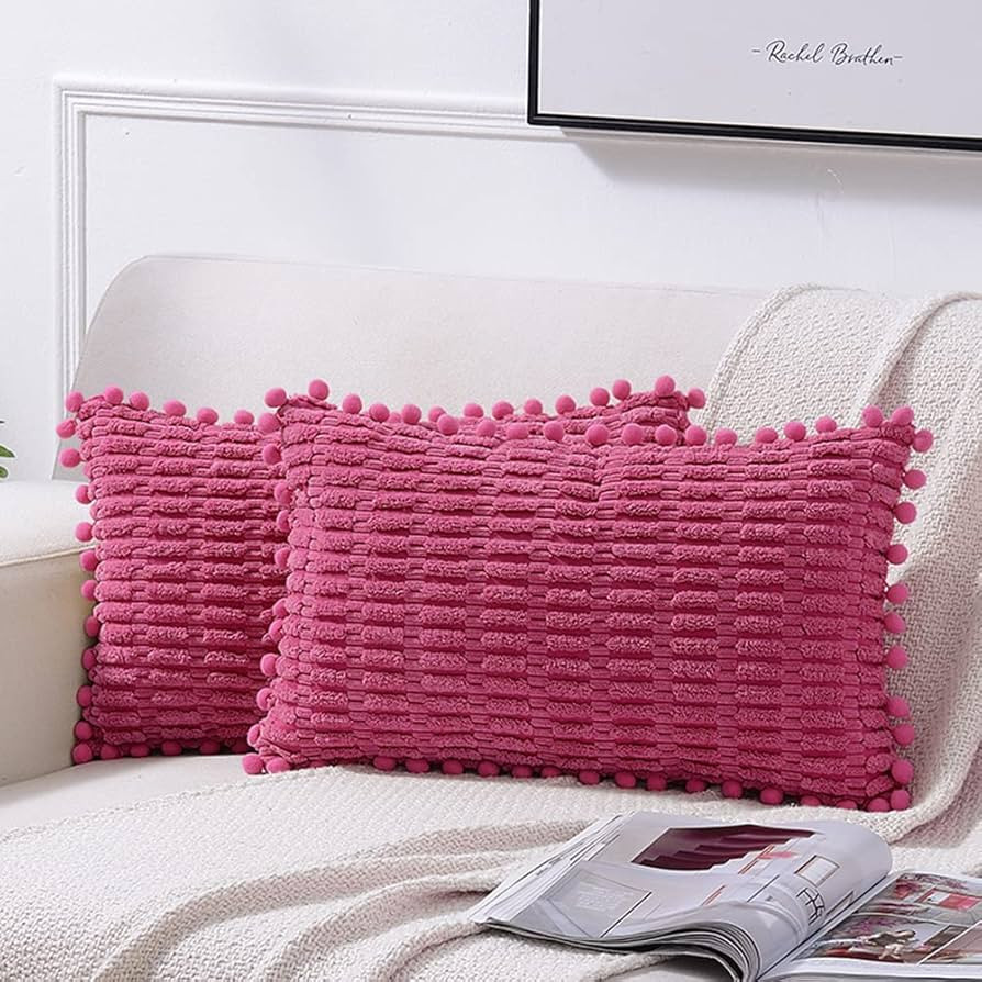 Fancy Homi 2 Packs Hot Pink Decorative Throw Pillow Covers 12x20 Inch with Pom-poms for Couch Bed... | Amazon (US)