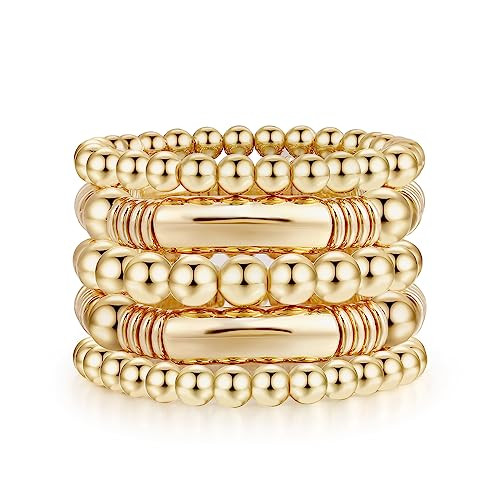 14K Gold Plated Bangles Bracelet for Women Chunky Curved Stacking Plated Bead Ball Stretchable Br... | Amazon (US)