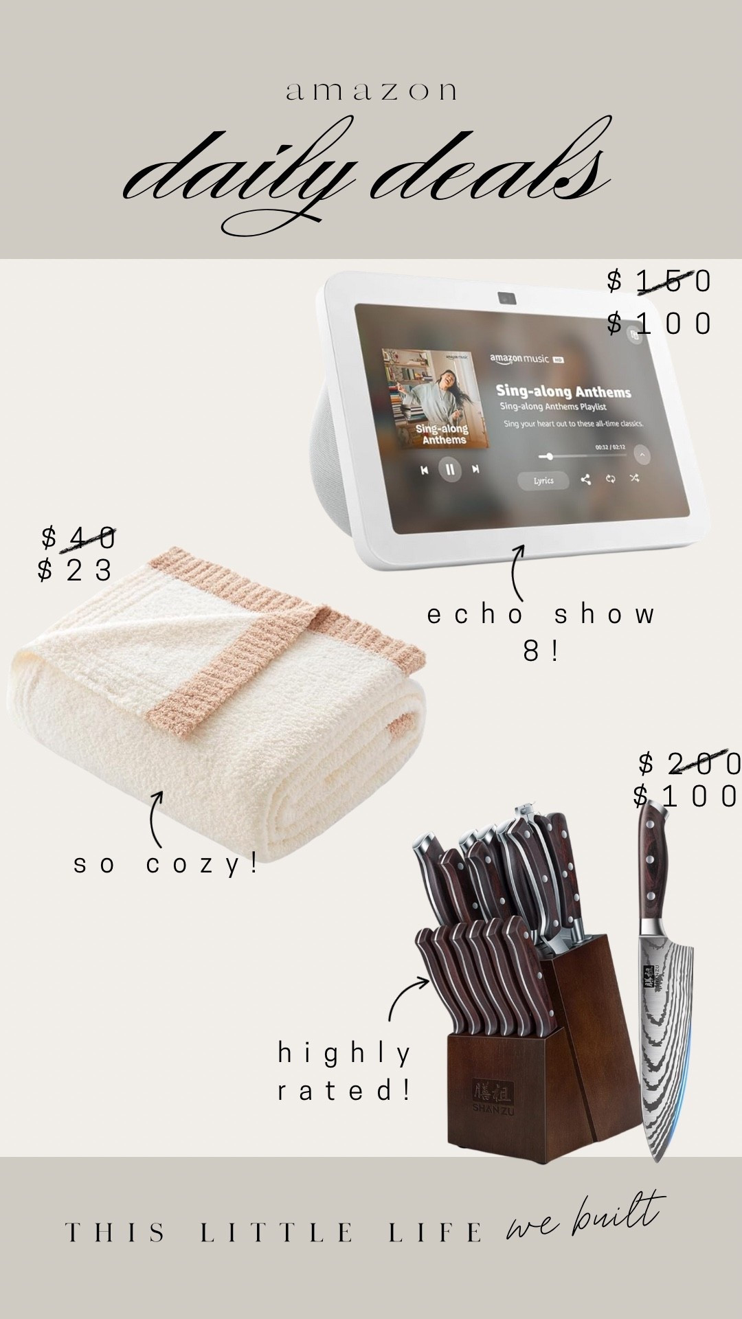 Amazon daily deals! 


Throw blanket, echo show 8, knife set, Amazon home, affordable home 

#LTKHome #LTKFindsUnder100 #LTKSaleAlert