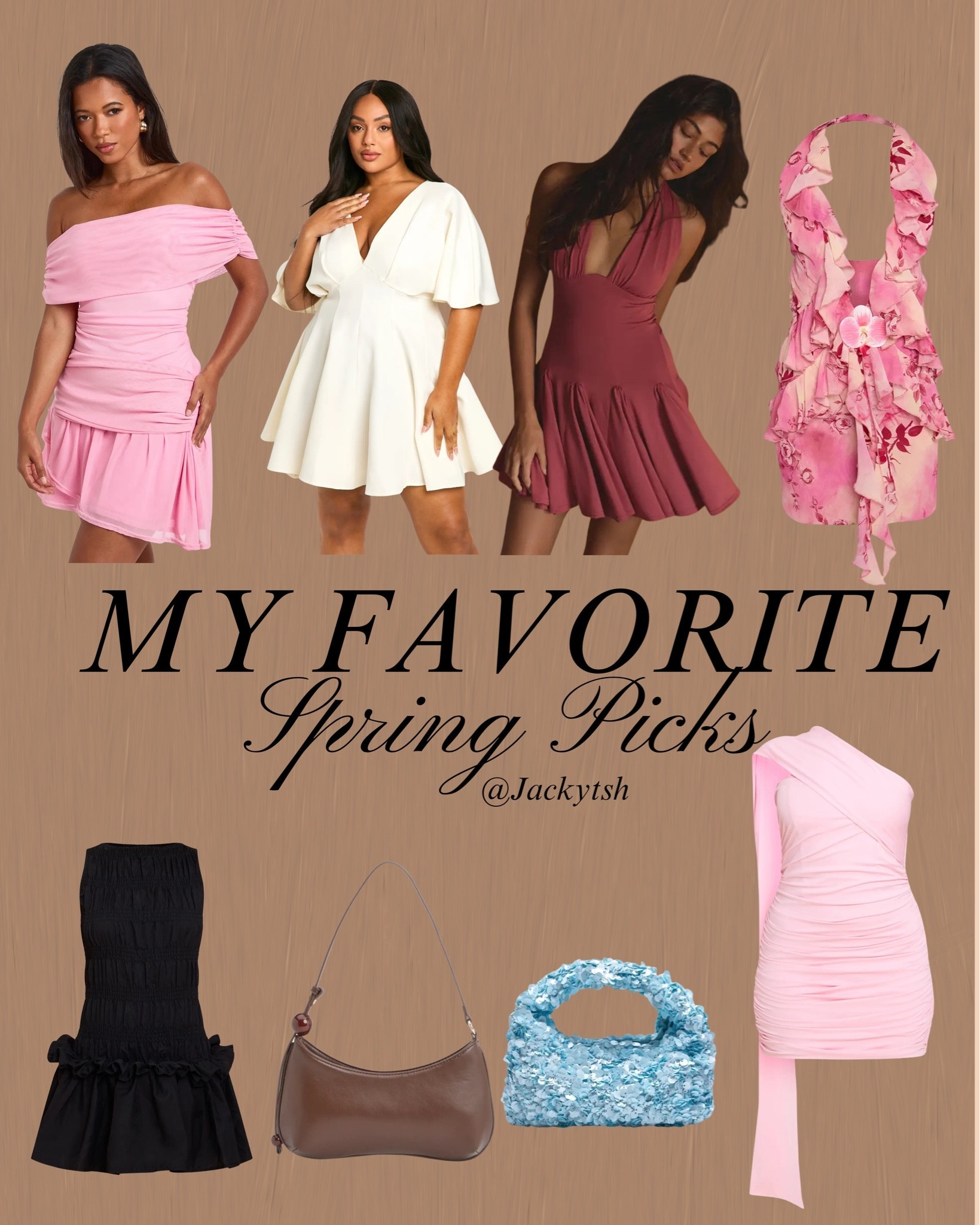 My Favorite Spring pieces 🌸 Pink off-shoulder ruched mini dress, white puff sleeve fit-and-flare dress, burgundy halter drop waist mini dress, pink floral ruffle halter neck dress, black smocked mini dress, pink one-shoulder ruched mini dress, a brown shoulder bag and blue sequin purse to tie every look together. Perfect for a spring brunch, spring picnics, bridal shower, birthday dinner

#LTKparties #LTKstyletip #Picnicoutfits

#LTKSeasonal #LTKootd #LTKgrwm