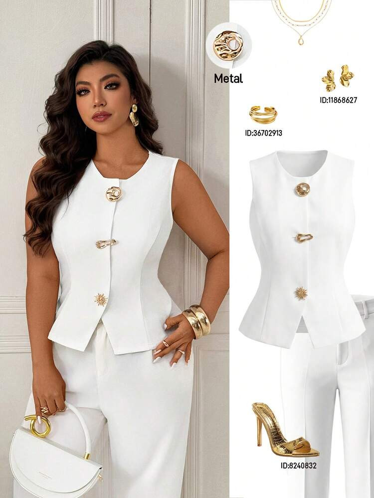 Femmeverse Plus Size Women Casual Vest With Asymmetrical Golden Decorative Buttons | SHEIN