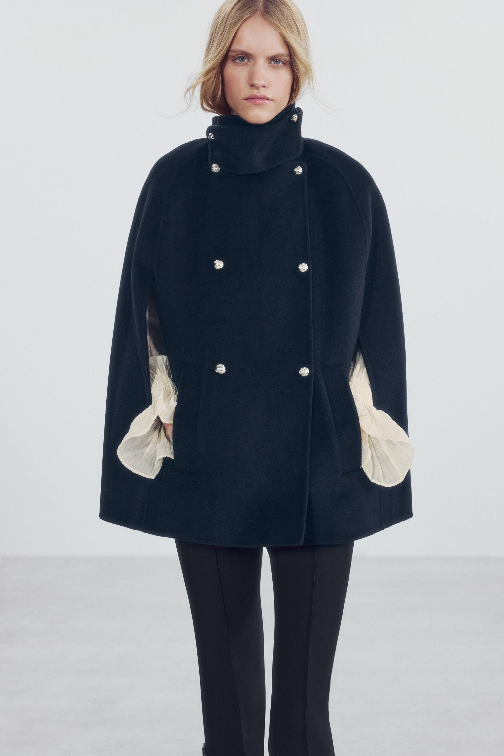 Zara - Zw Collection Wool Blend Button Cape - Dark Navy - L - Woman | Zara US
