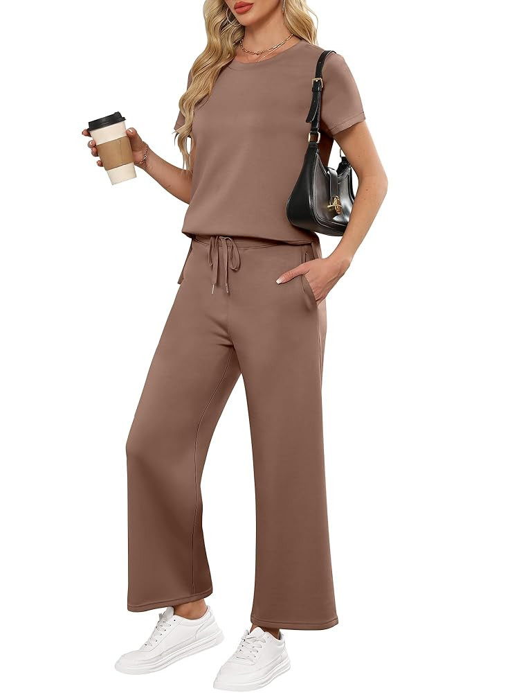 ANRABESS Women 2 Piece Lounge Sets Summer Travel Sweat Outfits Short Sleeve Wide Leg Casual Match... | Amazon (US)