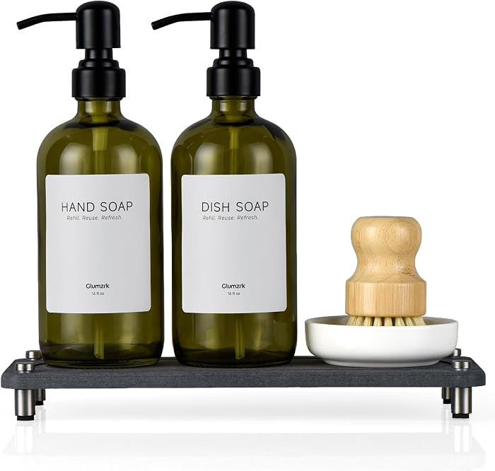 2 Pack Kitchen Soap Dispenser Set - 16oz Green Glass Dish and Hand Soap Dispenser with Stainless ... | Amazon (US)