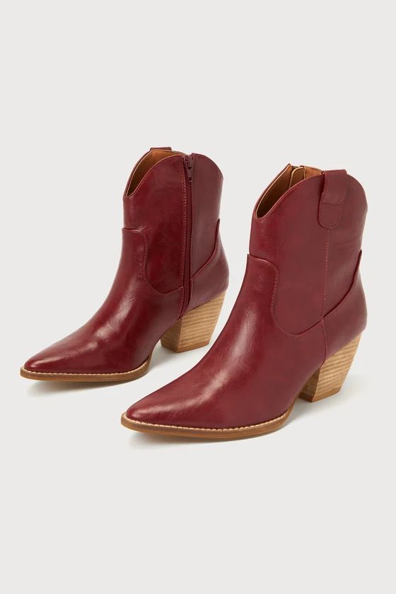 Clarietta Burgundy Pointed-Toe Western Ankle Booties | Lulus (US)