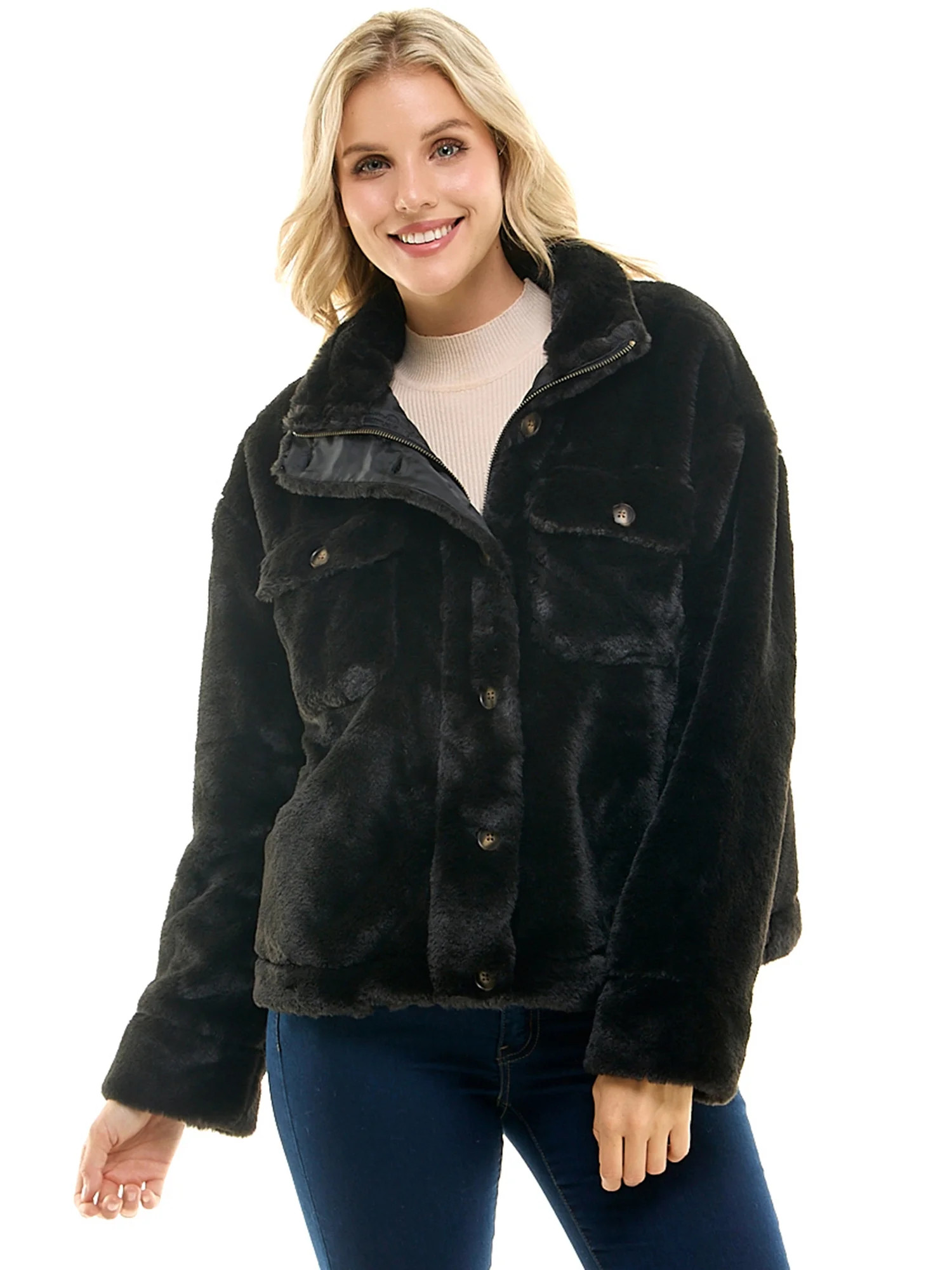 Time and Tru Women's Faux Fur Bungee Shacket, Sizes XS-3X | Walmart (US)