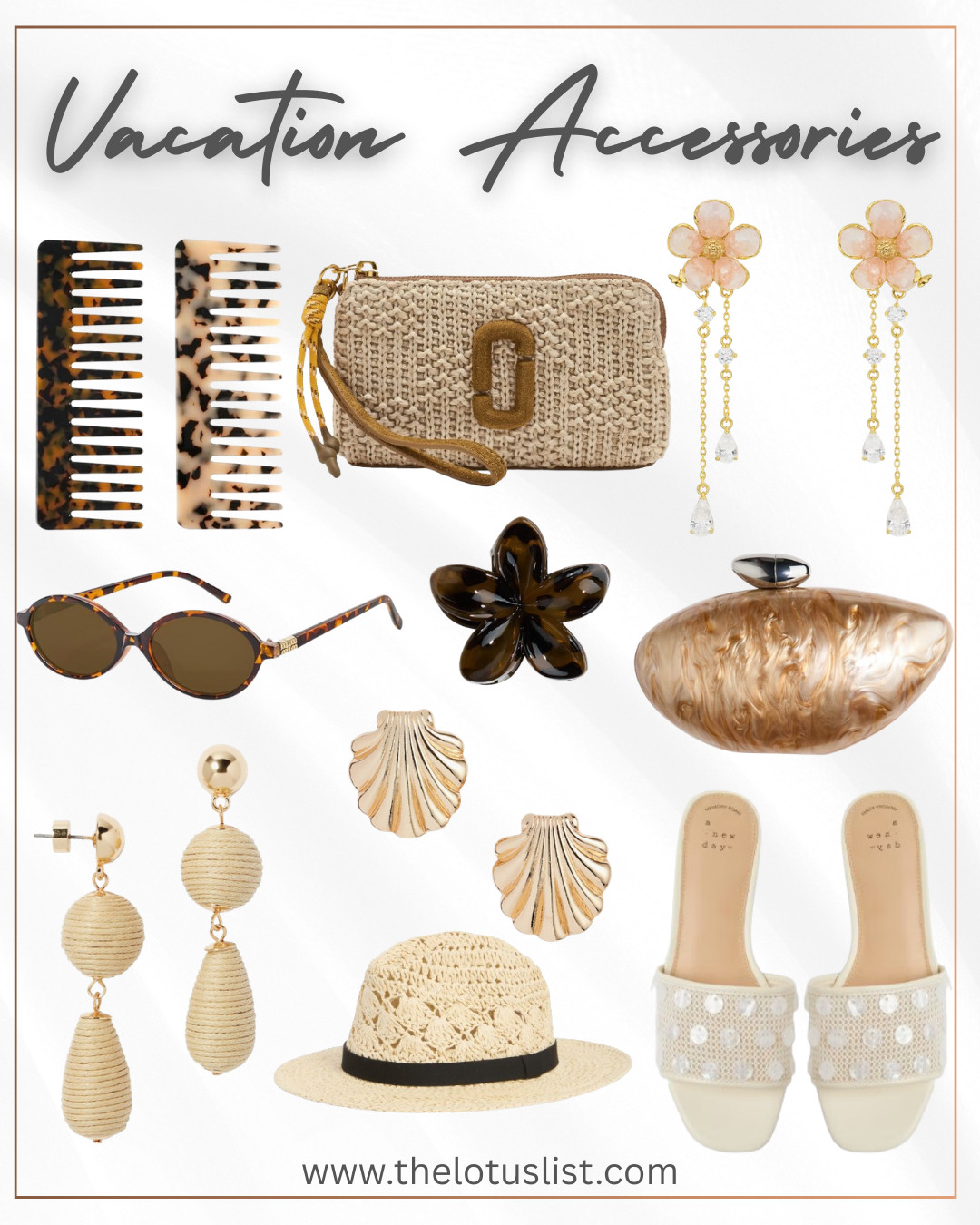 Vacation Accessories

vacation Accessories / vacation bag / accessories / shell clutch bag / beach hat / sun hat / beach shoes / vacation shoes / vacation bags / vacation bag / hair accessories / sunglasses / oval Sunglasses / marc Jacobs / Marc Jacobs wristlet / dangle earrings / floral earrings / flower hair clip / plumeria hair clip / seashell earrings / shell earrings / sale/ sale alert 

 #LTKSeasonal #LTKSaleAlert #LTKTravel