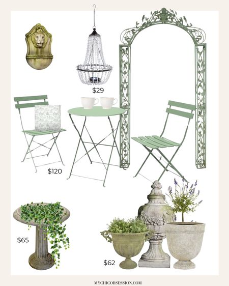 Beautiful European outdoor furniture for your patio, courtyard, or backyard. With a hanging chandelier, wall fountain, sage green bistro set, outdoor pillows, aged bird bath, planters, and an arbor, this set is perfect for having a sip of coffee outdoors 

#LTKHome #LTKSeasonal