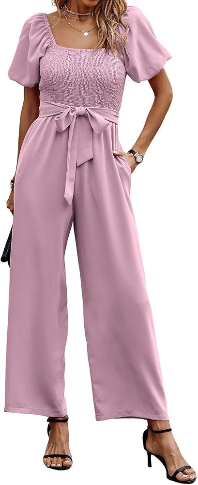 Angashion Women's Jumpsuits Square Neck Puff Short Sleeve Smocked Waist Wide Leg Outfit Rompers P... | Amazon (US)