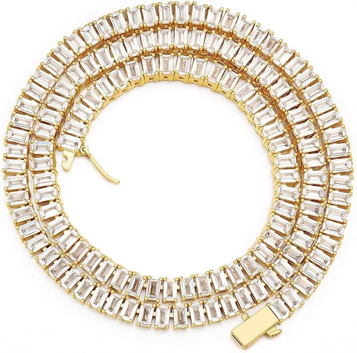 BREN Baguette Tennis Necklaces for Women Men - White/Yellow Gold Plated Cubic Zirconia Tennis Cha... | Amazon (US)