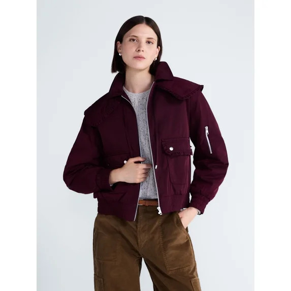 Free Assembly Women's and Women's Plus Ruffle Collar Bomber Jacket, Sizes XS-4X | Walmart (US)