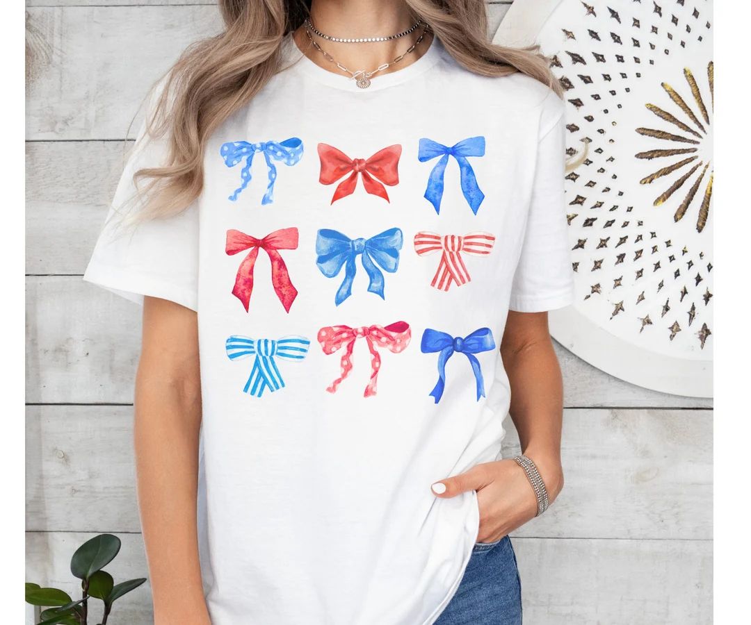 4th of July Bow Shirt, Coquette Aesthetic Patriotic Tshirt, Cute Independence Day Tee, American G... | Etsy (US)