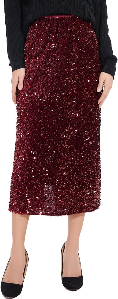 Women’s Sequin Velvet Skirt Elastic High Waist Sparkle Split Hem Night Out Party Maxi Skirt | Amazon (US)