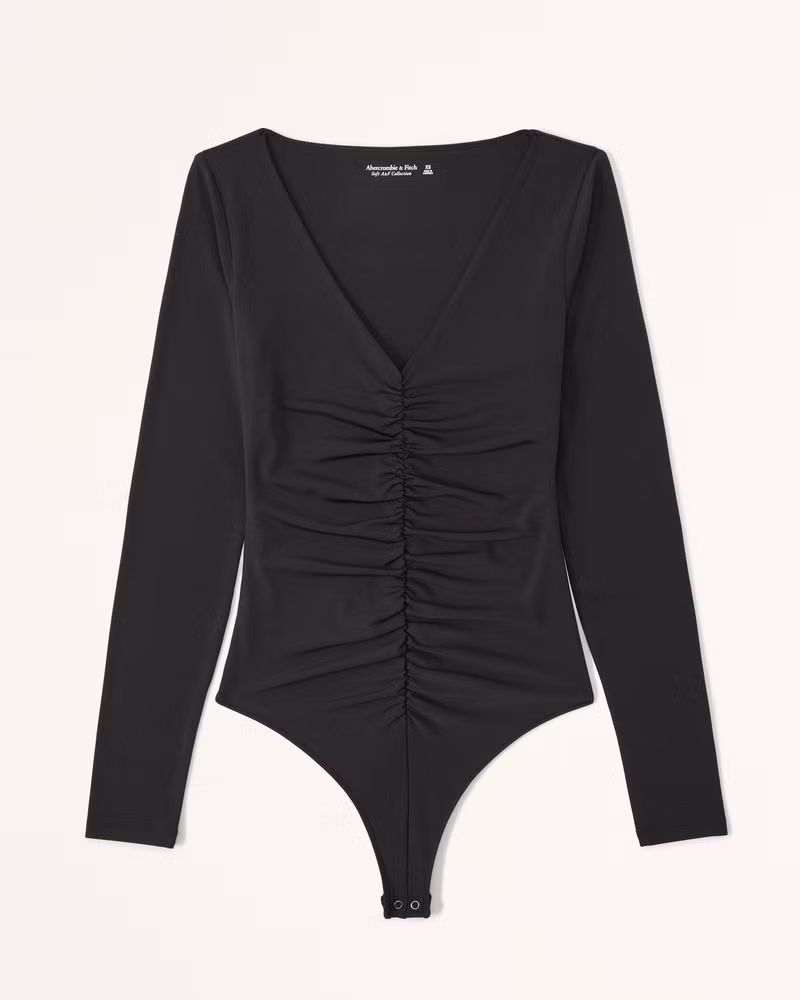 Women's Long-Sleeve Ruched V-Neck Bodysuit | Women's Tops | Abercrombie.com | Abercrombie & Fitch (US)