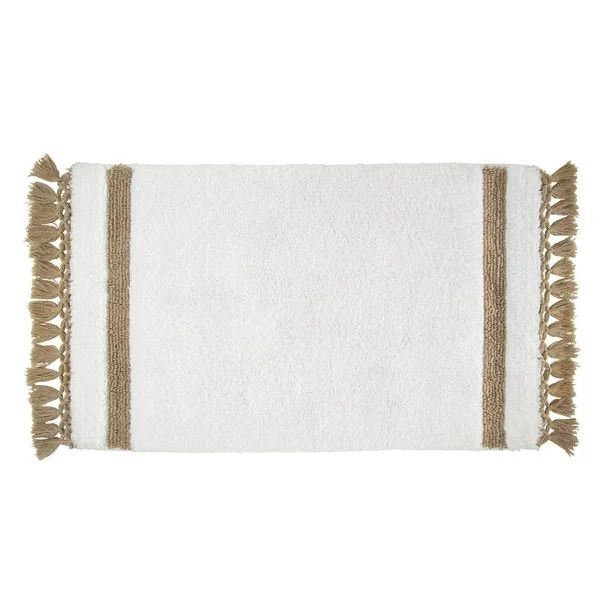 iDesign Stripe Fringe Cotton Bath Rug - White and Linen | Walmart (US)