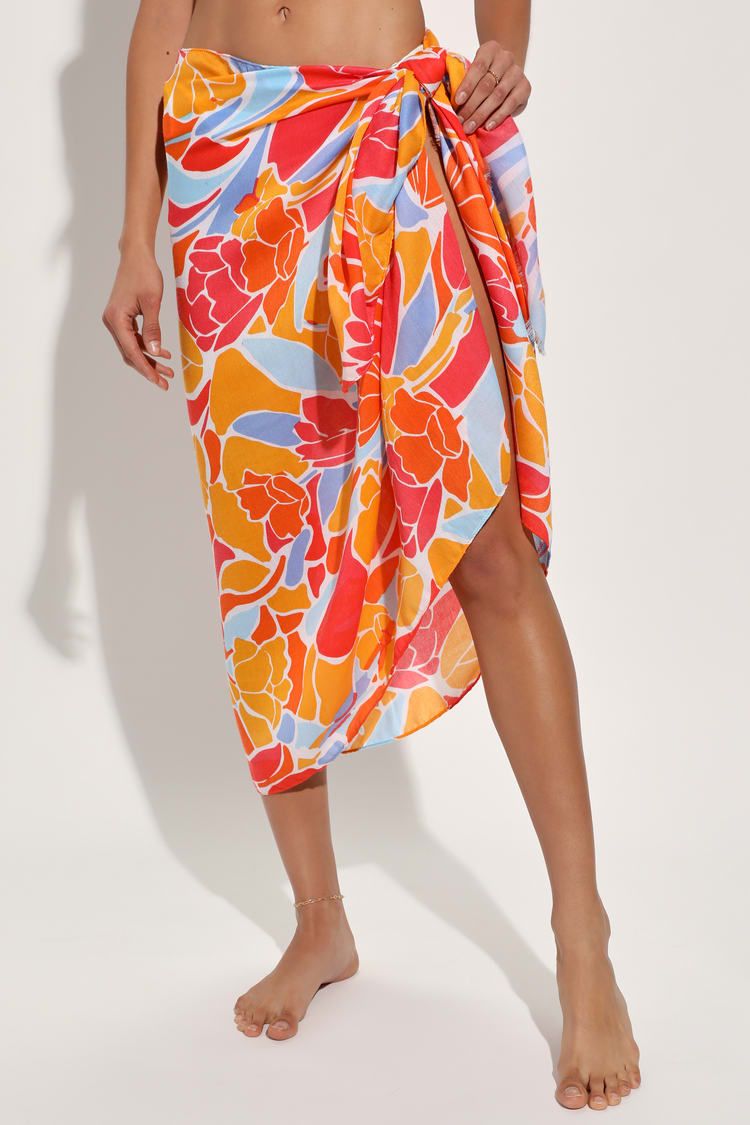 Tropical Brilliance Orange Multi Floral Sarong Swim Cover-Up | Lulus