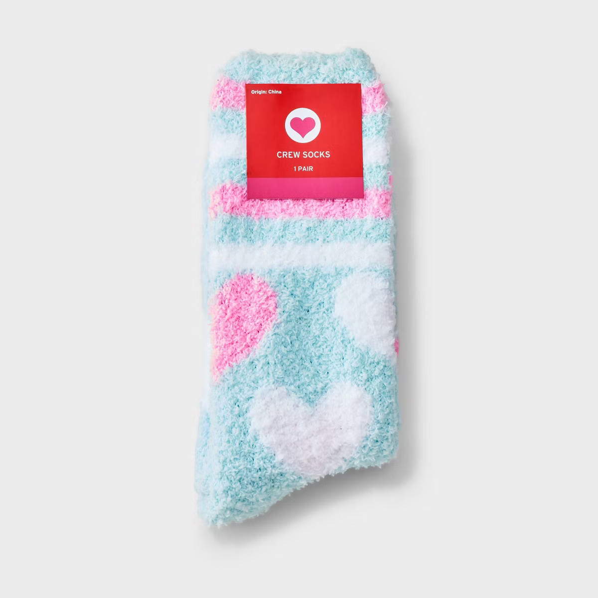 Women's Sporty Hearts Valentine's Day Cozy Crew Socks - Light Blue/White/Pink 4-10 | Target