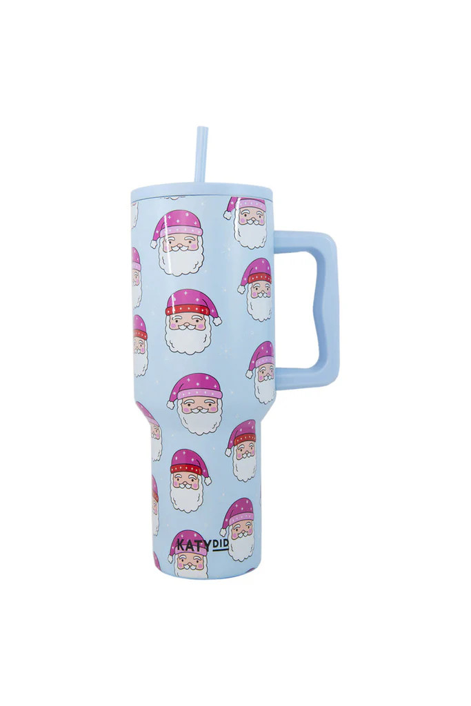 Pink Santa Hats Blue Stainless Steel Tumbler | Katydid.com