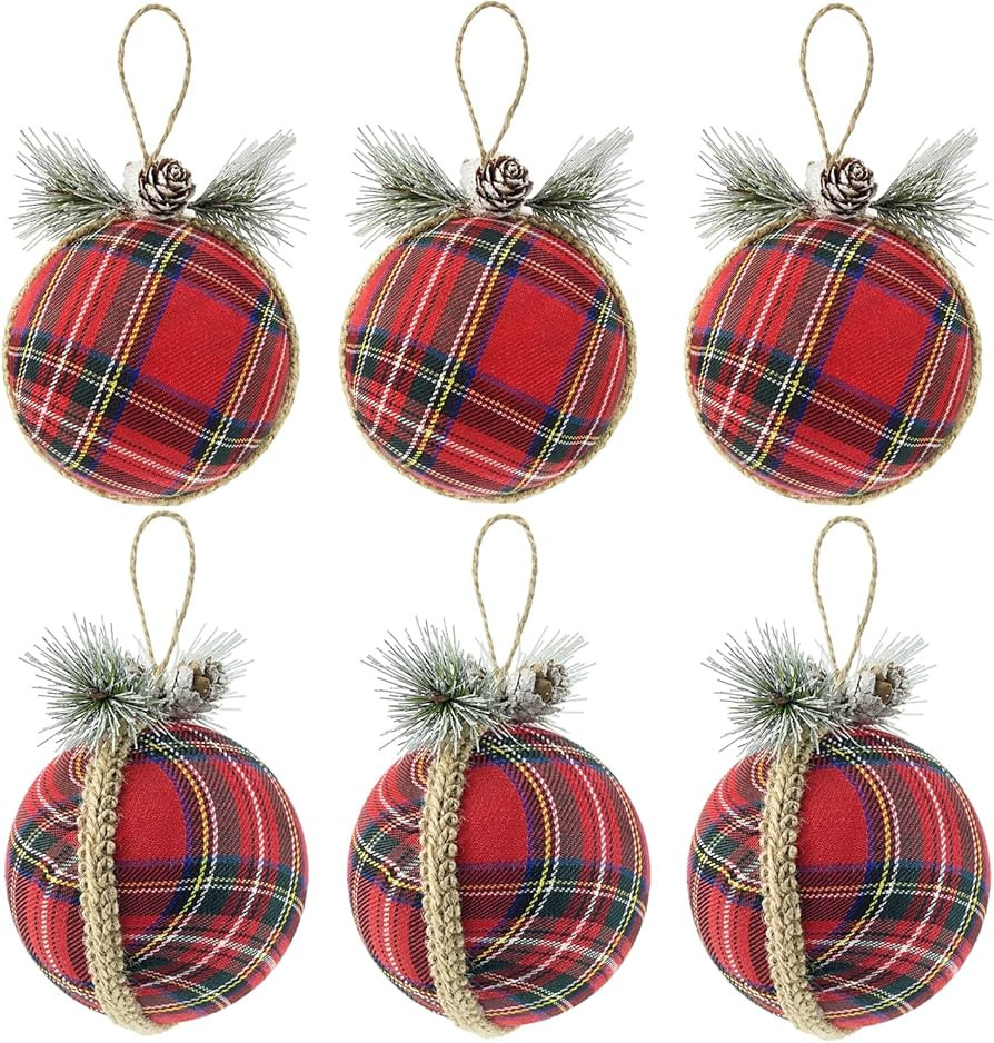 4'' Plaid Pinecone Christmas Balls, 6pcs Rustic Natural Jute Burlap Balls for Xmas Trees Holiday ... | Amazon (US)