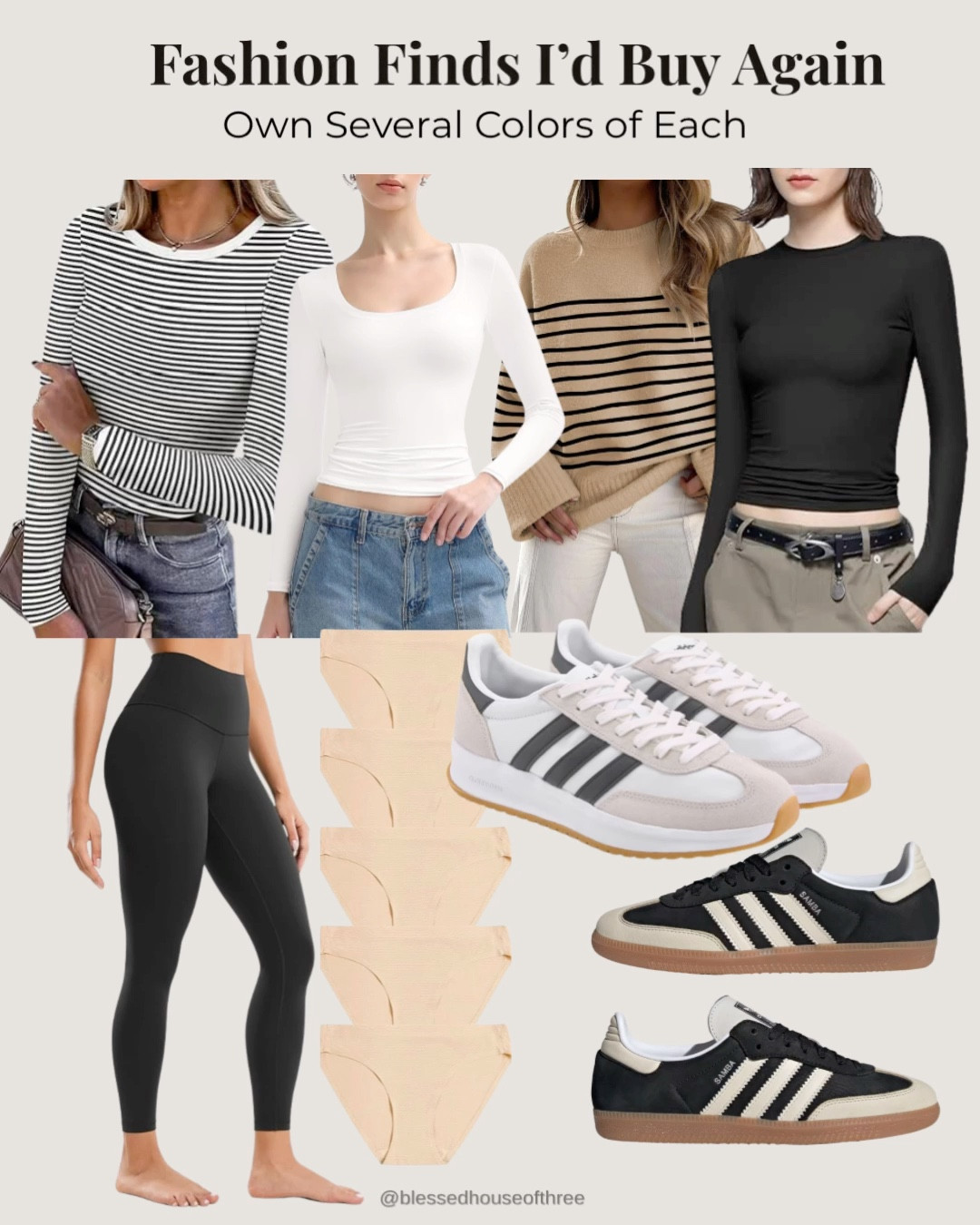 Fashion finds I’d buy again and again 🤍 When I own multiple colors of something, you know it’s good. These are the everyday basics and sneakers I reach for nonstop — comfy, easy to style, and worth every penny.

fashion finds I’d buy again, best everyday fashion basics, wardrobe staples women love, comfortable fashion essentials, long sleeve layering tops women, best leggings for everyday wear, Adidas Samba outfit ideas, casual capsule wardrobe basics, neutral fashion staples, repeat buy fashion favorites, affordable fashion finds women, everyday outfits with sneakers

#LTKFindsUnder100 #LTKGiftGuide #LTKSaleAlert