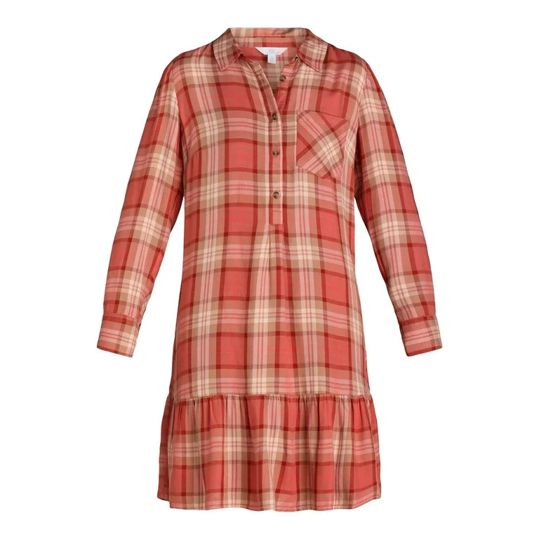 Time and Tru Women's Ruffle Hem Mini Shirt Dress with Long Sleeves, Sizes XS-XXXL | Walmart (US)