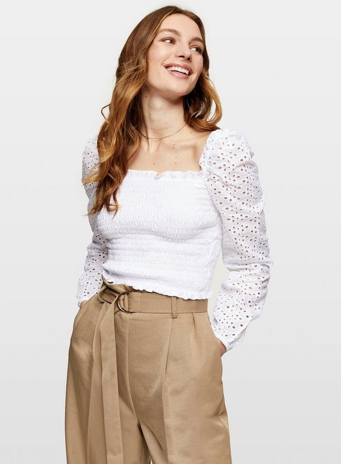 White Broderie Long Sleeved Shirred Top | Miss Selfridge UK
