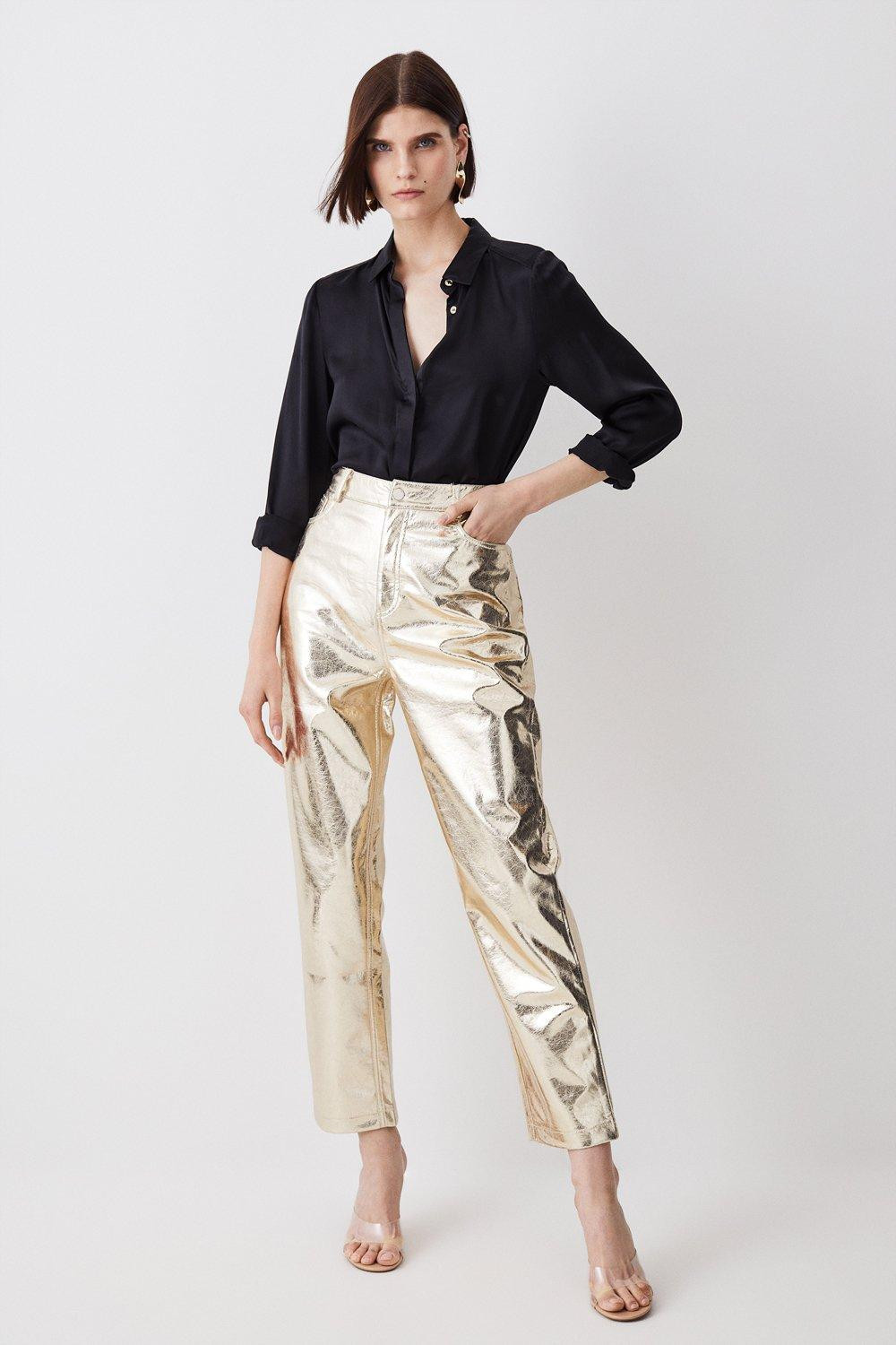 Tall Metallic Faux Leather Straight Leg Trouser | Karen Millen UK + IE + DE + NL